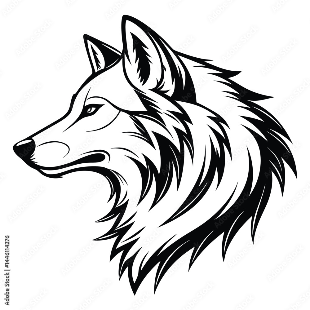 Fototapeta Black and White Line Art Silhouette of Wolf Head in Side View with Detailed Fur