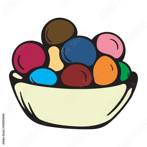 A plate with round multi-colored dragee candies. Sweets. Simple vector illustration for sticker, icon, print. Design element isolated on white background