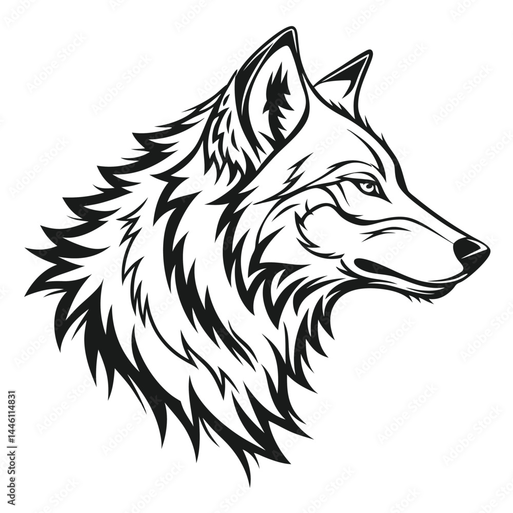Fototapeta premium Detailed Black and White Wolf Head Wild Predator Art Isolated Design