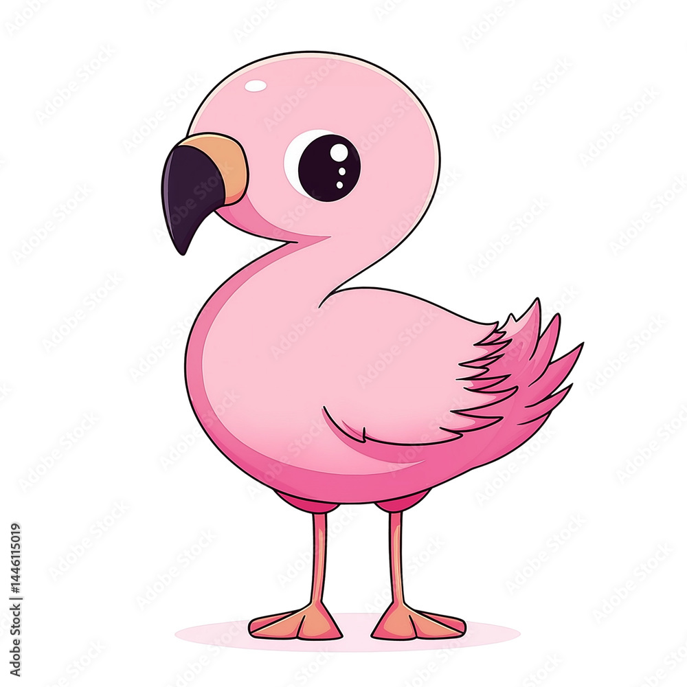 Obraz premium Cute cartoon flamingo with big eyes in a playful pose