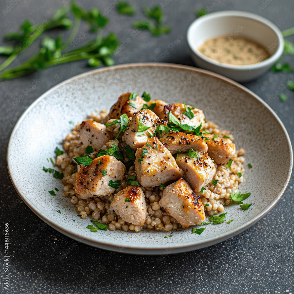 Grilled chicken with grains on plate Grilled chicken with grains on plate