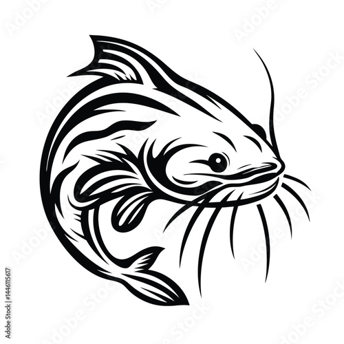 Intricate Silhouette of a Catfish with Detailed Fins and Whiskers on White
