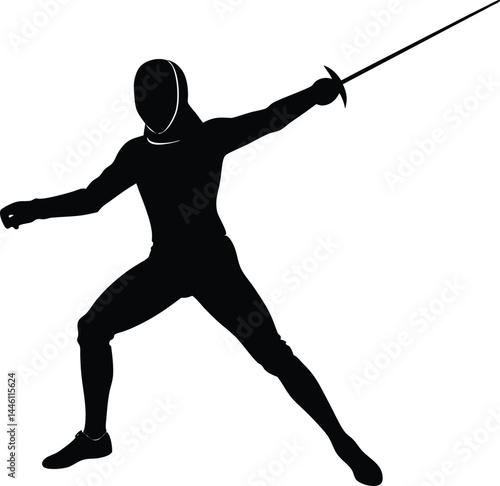 silhouette of a fencer in duel pose on white 