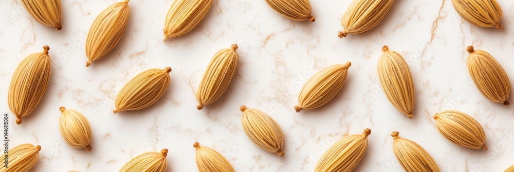 An abstract soft-focus background featuring scattered light brown seed pods on a marble surface An abstract soft-focus background featuring scattered light brown seed pods on a marble surface