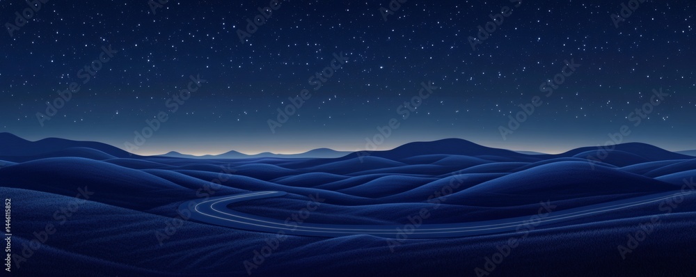 Obraz premium A winding road through undulating landscapes under a starry night sky