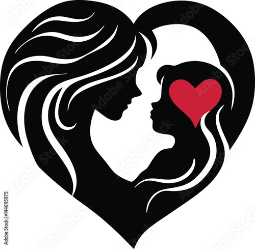 Heart shaped mother and daughter silhouette vector for family and holiday card design