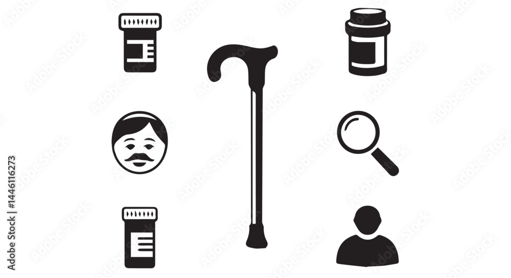 Obraz premium Senior Health Care, Medication, Mobility, and Consultation Icons, Elderly Assistance Symbols