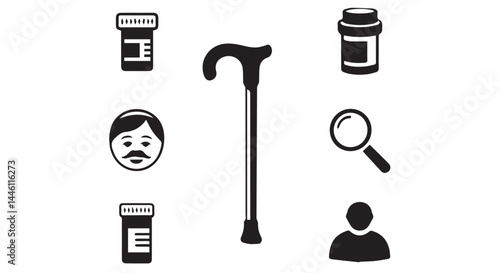 Senior Health Care, Medication, Mobility, and Consultation Icons, Elderly Assistance Symbols