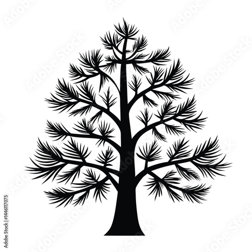 Minimalist Silhouette Tree Black Trunk, Branches, and Leaves on White Background Design