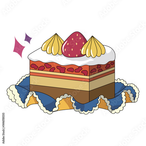 Cute strawberry slice cake illustration drawn in retro basic colors