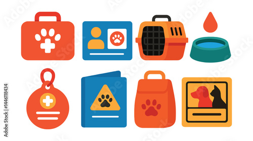 Flat vector icons of pet emergency preparedness: pet first aid kit, vet contact card, evacuation crate, emergency water bowl, tag with emergency info, pet safety guide, supply bag, alert sticker.