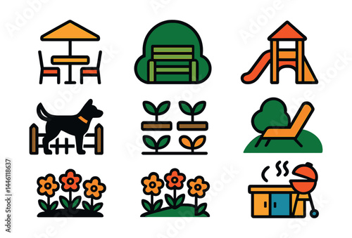 Flat vector icons of backyard zoning: entertaining space outline, private seating area icon, kids play zone badge, dog run fence, vegetable patch zone, flower garden symbol, quiet nook sign, outdoor