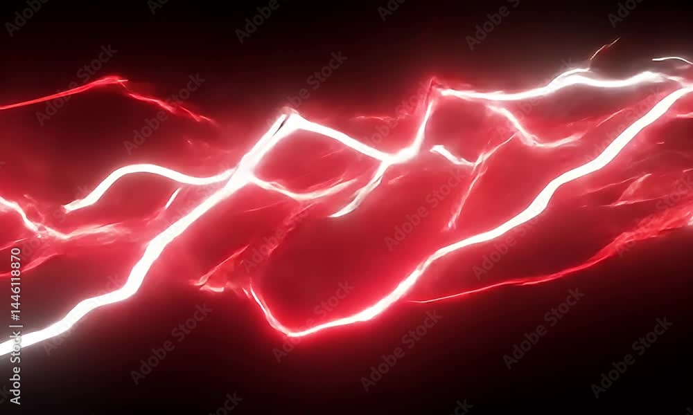 Abstract Red Lightning Bolt Energy Effect on Black Background with Glowing White Lines Abstract Red Lightning Bolt Energy Effect on Black Background with Glowing White Lines