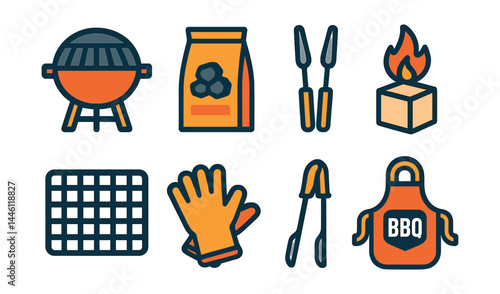 Flat vector icons of barbecue essentials: grill icon, charcoal bag, BBQ tongs, grilling fork, fire starter cube, cooking grate, heat-resistant gloves, BBQ apron badge.