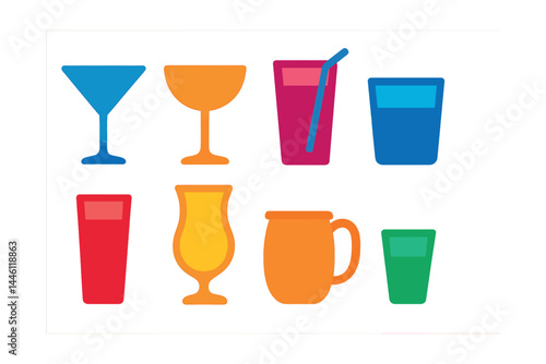 Flat vector icons of cocktail glasses: martini glass icon, coupe glass, highball with straw, rocks glass symbol, Collins glass, hurricane glass, copper mule mug, shot glass icon.