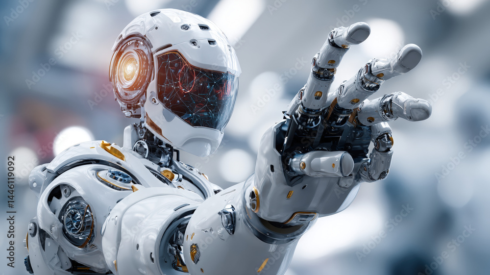 Fototapeta premium Futuristic humanoid robot in white armor interacting with digital environment in high-tech sci-fi future setting