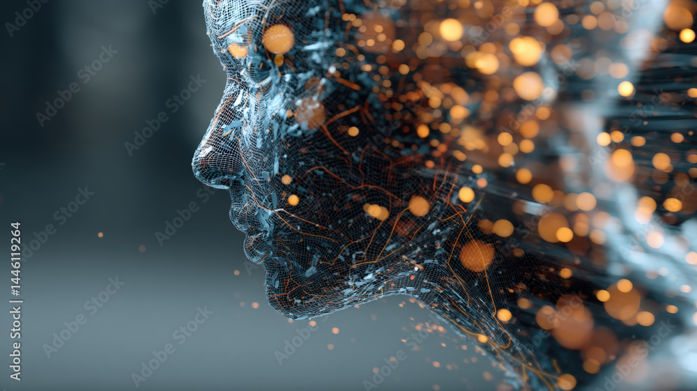 Abstract 3D Render of Human Face Disintegrating into Particles Representing AI, Mind, and Technology