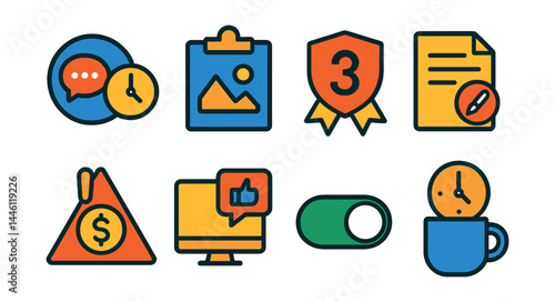Flat vector icons of freelancer-client boundaries: communication hours icon, scope clarity icon, revision limits badge, contract reminder, payment milestone alert, feedback timing card, availability
