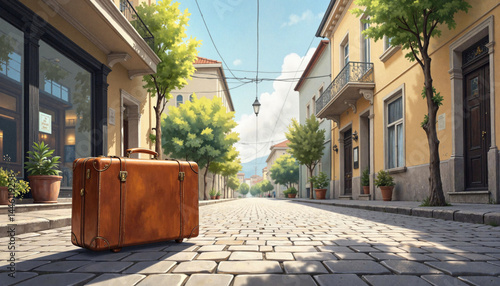 Lonely suitcase on cobblestone street in quaint town, journey awaits