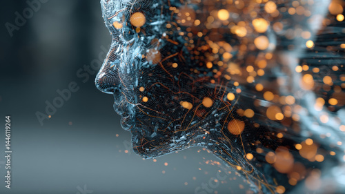 Abstract 3D Render of Human Face Disintegrating into Particles Representing AI, Mind, and Technology
