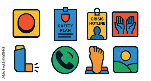 Flat vector icons of crisis and emergency tools: panic button icon, safety plan sheet, crisis hotline badge, help me now card, breathing stabilizer, urgent contact icon, emergency grounding cue, calm