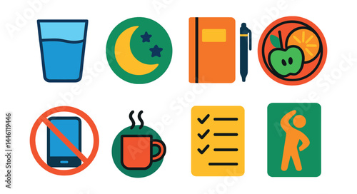 Flat vector icons of self-care habits: glass of water icon, sleep tracker badge, journal with pen, healthy snack plate, phone-free hour, slow morning routine, gratitude list icon, stretch reminder