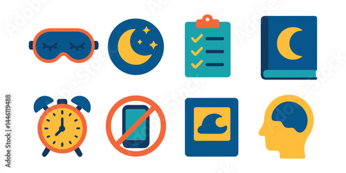 Flat vector icons of sleep and mental rest: sleep mask icon, peaceful night badge, bedtime wind-down checklist, dream journal book, insomnia help card, early bedtime clock, no screen before sleep
