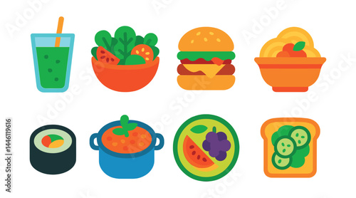 Flat vector icons of vegan meal types: vegan smoothie glass, hearty salad bowl, veggie burger icon, plant-based pasta dish, vegan sushi roll, lentil stew pot, fruit platter badge, vegan breakfast