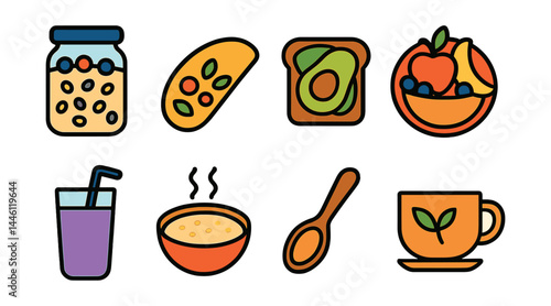 Flat vector icons of healthy breakfast options: overnight oats jar, veggie omelet icon, whole grain toast with avocado, fruit bowl badge, smoothie glass icon, warm porridge bowl, nut butter spoon,