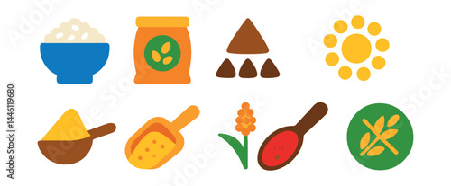 Flat vector icons of gluten-free grains: rice bowl icon, quinoa bag, buckwheat groats symbol, cornmeal scoop, millet grain icon, sorghum stalk badge, amaranth spoon, gluten-free oats label.