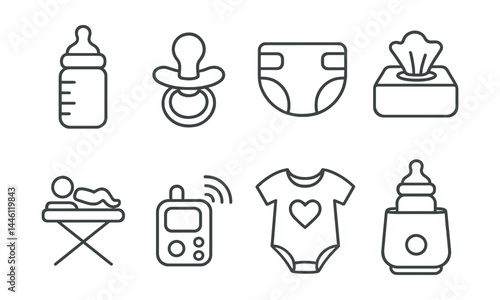 Line style icons of baby care: baby bottle, pacifier, diaper icon, baby wipe, changing table, baby monitor, infant onesie, milk warmer.