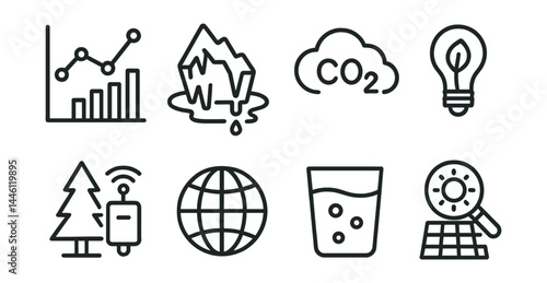 Line style icons of environmental science: climate graph, melting glacier, carbon cloud, green tech, forest sensor, earth symbol, water quality, solar scan.