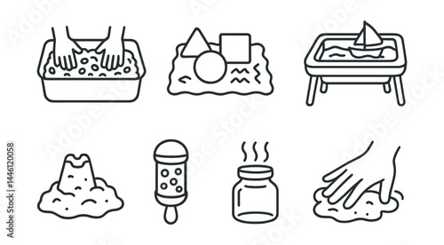 Line style icons of sensory play: rice bin, foam shapes, texture mat, water table, kinetic sand, noise shaker, smell jar, finger squish.
