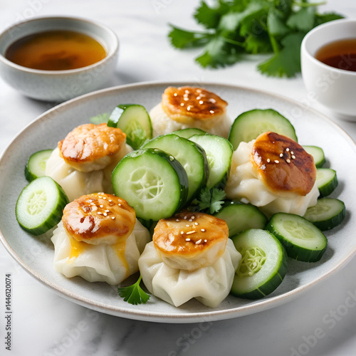 Chinese smashed cucumber salad with a pork dumpling on a white marble background, vertical shot, middle closeup