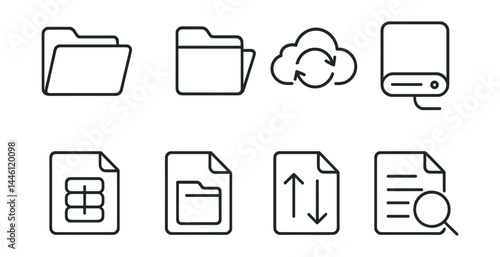Line style icons of file organization: folder set, color tab, cloud sync, backup drive, archive file, duplicate finder, sort icon, file search.