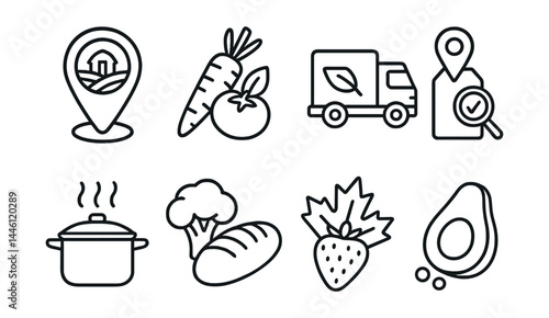 Line style icons of conscious choices: local icon, unprocessed, food miles, label check, homecooked, whole food, seasonal pick, nutrient-dense.