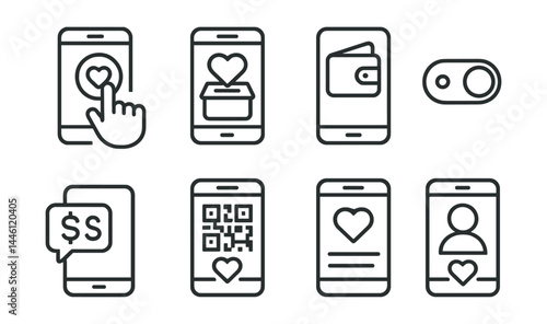 Line style icons of mobile giving: tap to give, donation app, mobile wallet, recurring toggle, SMS donation, charity QR, payment alert, charity profile.