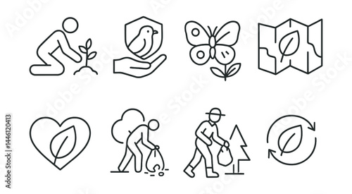 Line style icons of nature conservation: tree planting, wildlife protection, native species, biodiversity map, green zone, park cleanup, forest patrol, eco sign.