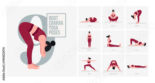 Root Chakra yoga poses. Young woman practicing Yoga pose. Woman workout fitness, aerobic and exercises. 