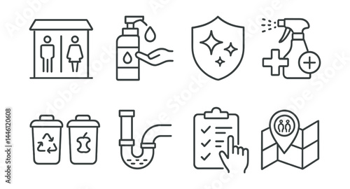 Line style icons of public sanitation: community toilet, hand sanitizer station, clean zone icon, disinfected area, trash segregation, drainage icon, hygiene monitor, restroom map.