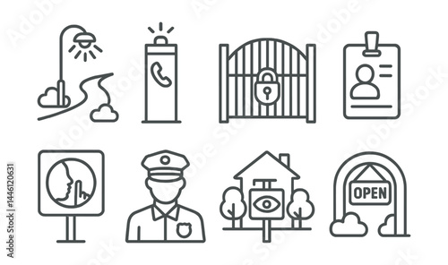 Line style icons of safe community spaces: lighted walkway, emergency call box, secure gate, visible ID, quiet zone, community patrol, neighborhood post, welcome zone.