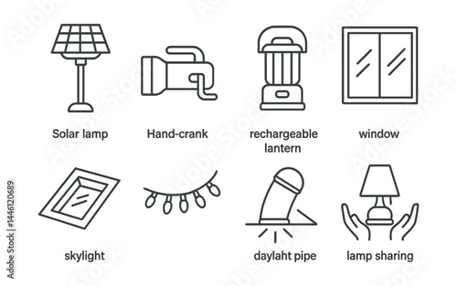 Line style icons of alternative lighting: solar lamp, hand-crank torch, rechargeable lantern, window mirror, skylight icon, string LED, daylight pipe, lamp sharing.