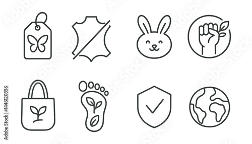 Line style icons of vegan lifestyle: cruelty-free tag, no leather icon, animal-friendly symbol, plant power badge, reusable tote, green footprint, ethical label, earth-first icon.