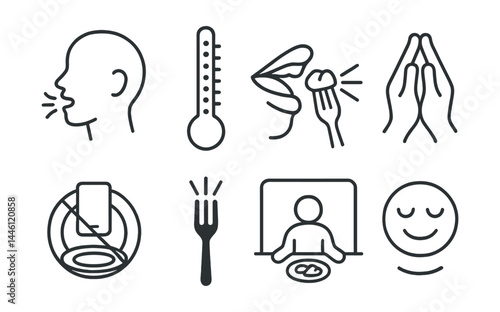Line style icons of mindful eating tools: chew icon, hunger scale, slow bite, gratitude hands, screen-free plate, focus fork, calm meal zone, fullness smile.