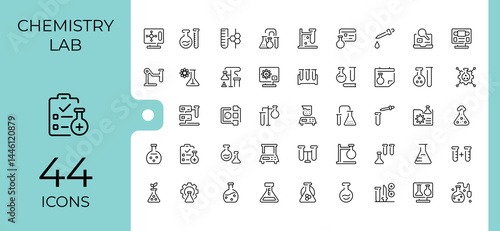 Chemistry Lab icon set. Contains outline symbols like science, formula, research, scientist, chemical and more. Thin line icons set. Lab line icon. Conceptual pictogram and infographic.