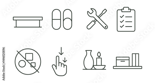 Line style icons of minimalist living: empty surface, capsule set, simple tools, keep checklist, one in one out, no-clutter zone, intentional items, clear shelf.