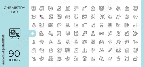 Chemistry Lab icon set. Contains outline symbols like science, formula, research, scientist, chemical and more. Thin line icons set. Lab line icon. Conceptual pictogram and infographic.