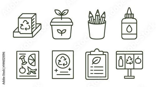 Line style icons of classroom zero waste: reuse paper tray, compost lunch bin, pencil stub holder, refill glue bottle, food scrap chart, zero-waste poster, eco supply list, sort station sign.