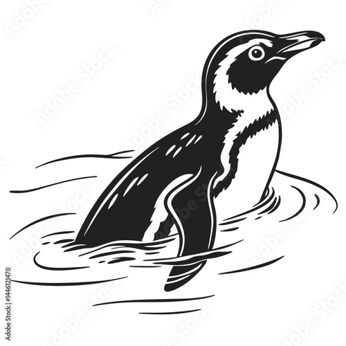 Hand Drawn Penguin in Water Silhouette | African Penguin Swimming | Black and White