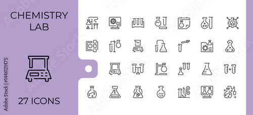 Chemistry Lab icon set. Contains outline symbols like science, formula, research, scientist, chemical and more. Thin line icons set. Lab line icon. Conceptual pictogram and infographic.